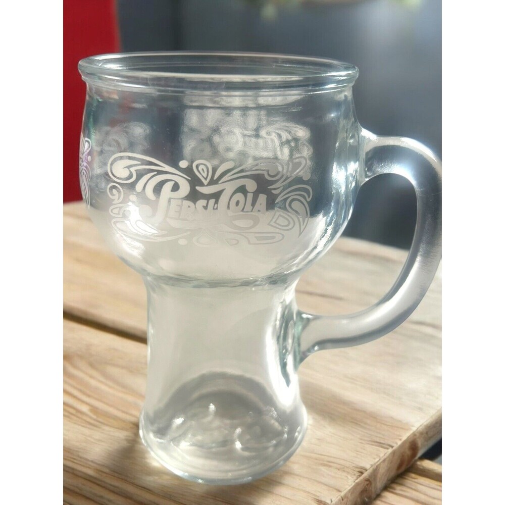 Pepsi Cola Glass Mug Tumbler With Handle Embossed, White Logo 6 1/4"Tall Vintage